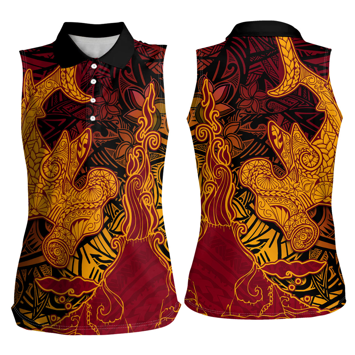 Hawaiian Volcano and Shark Women Sleeveless Polo Shirt Polynesian and Hibiscus Pattern Lava Color LT03 - Polynesian Pride