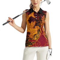 Hawaiian Volcano and Shark Women Sleeveless Polo Shirt Polynesian and Hibiscus Pattern Lava Color LT03 - Polynesian Pride