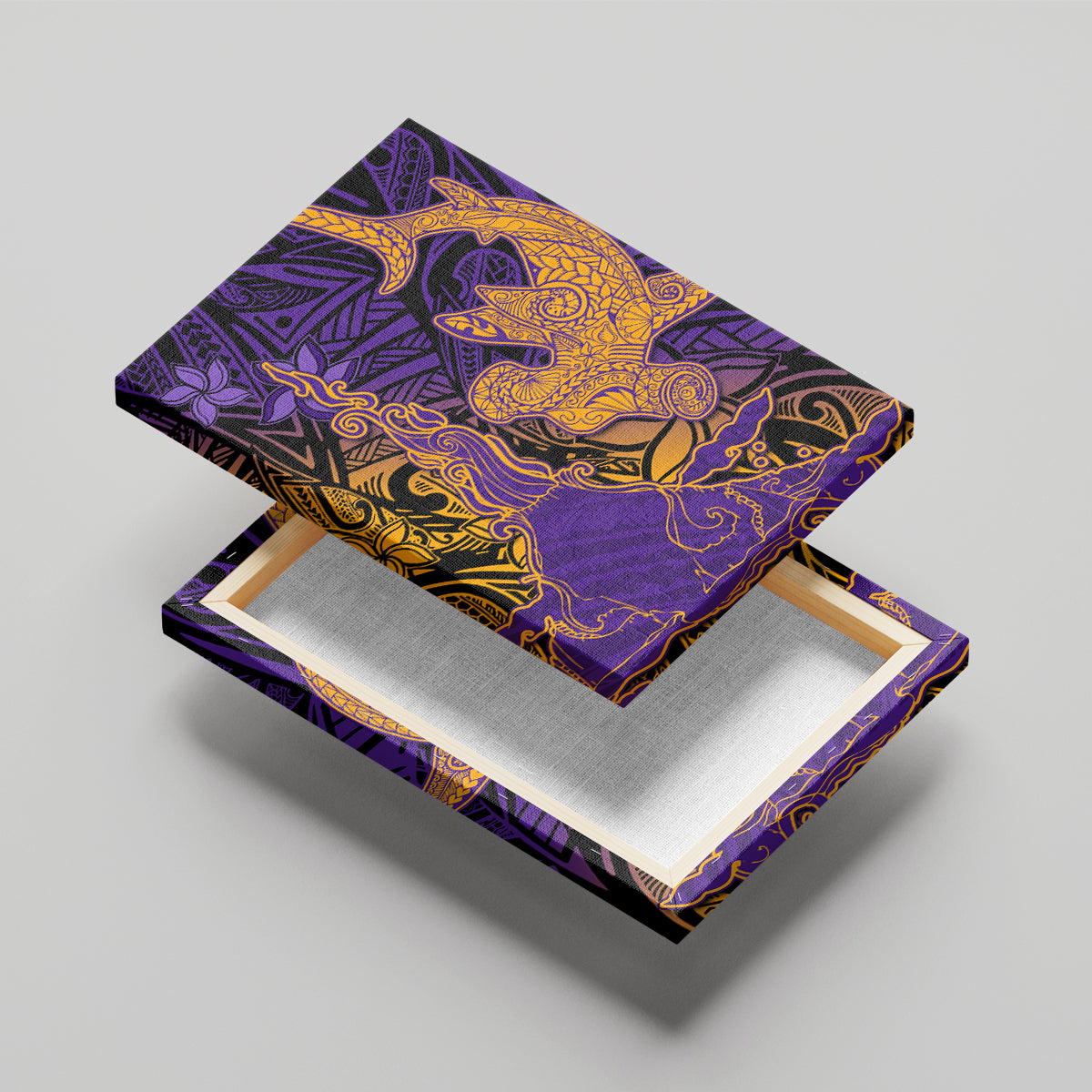 Hawaiian Volcano and Shark Canvas Wall Art Polynesian and Hibiscus Pattern Purple Yellow Gradient