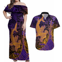 Hawaiian Volcano and Shark Couples Matching Off Shoulder Maxi Dress and Hawaiian Shirt Polynesian and Hibiscus Pattern Purple Yellow Gradient LT03 Purple - Polynesian Pride