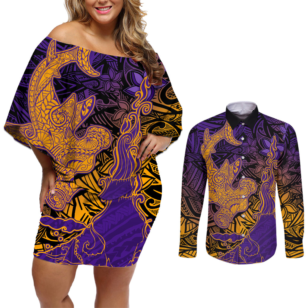 Hawaiian Volcano and Shark Couples Matching Off Shoulder Short Dress and Long Sleeve Button Shirt Polynesian and Hibiscus Pattern Purple Yellow Gradient