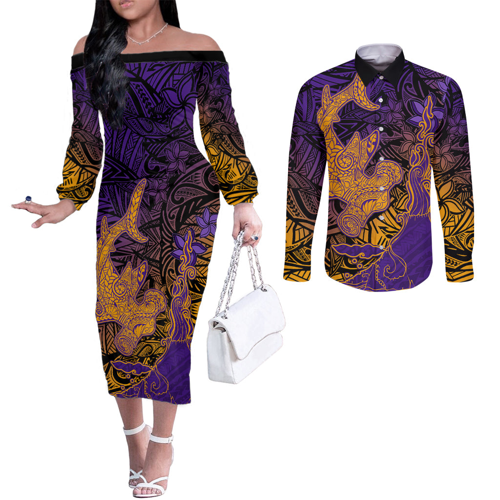 Hawaiian Volcano and Shark Couples Matching Off The Shoulder Long Sleeve Dress and Long Sleeve Button Shirt Polynesian and Hibiscus Pattern Purple Yellow Gradient