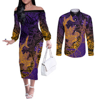 Hawaiian Volcano and Shark Couples Matching Off The Shoulder Long Sleeve Dress and Long Sleeve Button Shirt Polynesian and Hibiscus Pattern Purple Yellow Gradient