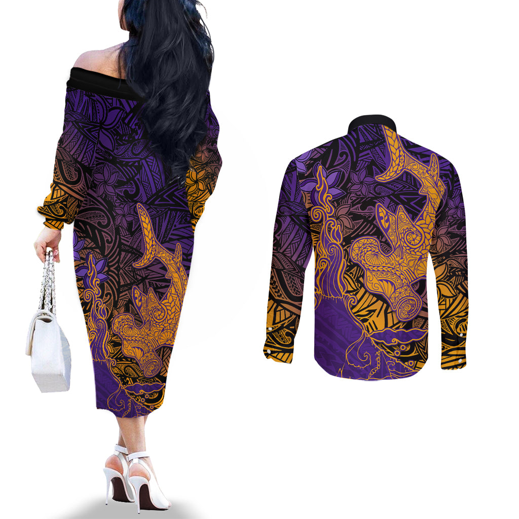 Hawaiian Volcano and Shark Couples Matching Off The Shoulder Long Sleeve Dress and Long Sleeve Button Shirt Polynesian and Hibiscus Pattern Purple Yellow Gradient
