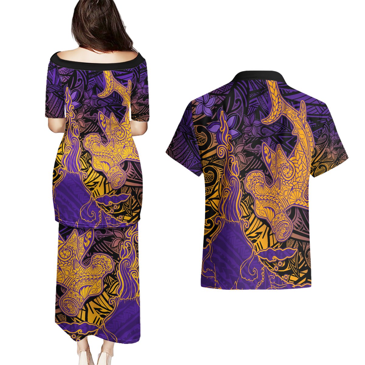 Hawaiian Volcano and Shark Couples Matching Puletasi and Hawaiian Shirt Polynesian and Hibiscus Pattern Purple Yellow Gradient