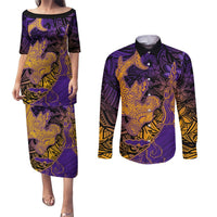Hawaiian Volcano and Shark Couples Matching Puletasi and Long Sleeve Button Shirt Polynesian and Hibiscus Pattern Purple Yellow Gradient LT03 Purple - Polynesian Pride