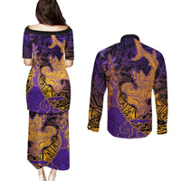 Hawaiian Volcano and Shark Couples Matching Puletasi and Long Sleeve Button Shirt Polynesian and Hibiscus Pattern Purple Yellow Gradient LT03 - Polynesian Pride