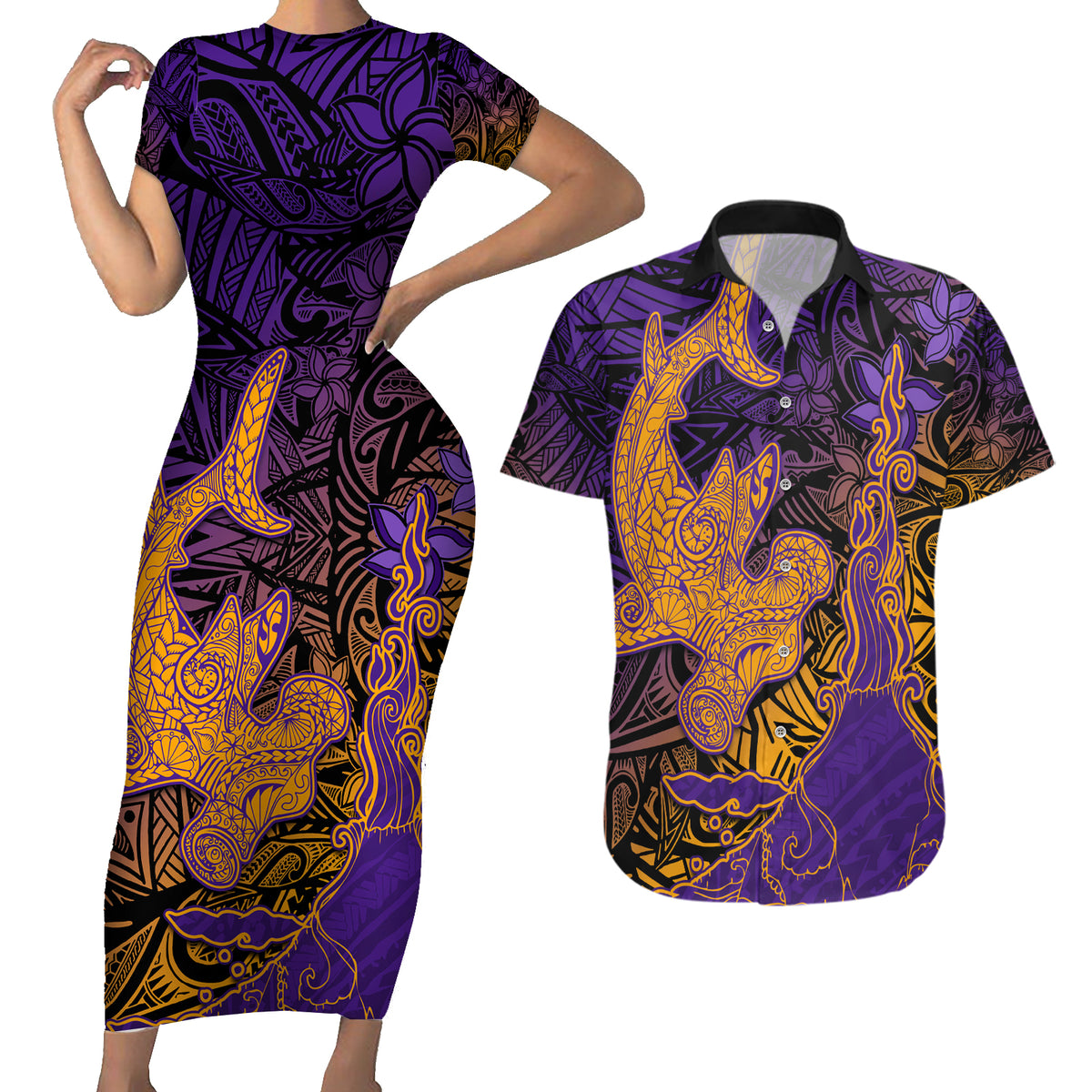Hawaiian Volcano and Shark Couples Matching Short Sleeve Bodycon Dress and Hawaiian Shirt Polynesian and Hibiscus Pattern Purple Yellow Gradient LT03 Purple - Polynesian Pride