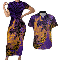 Hawaiian Volcano and Shark Couples Matching Short Sleeve Bodycon Dress and Hawaiian Shirt Polynesian and Hibiscus Pattern Purple Yellow Gradient LT03 Purple - Polynesian Pride