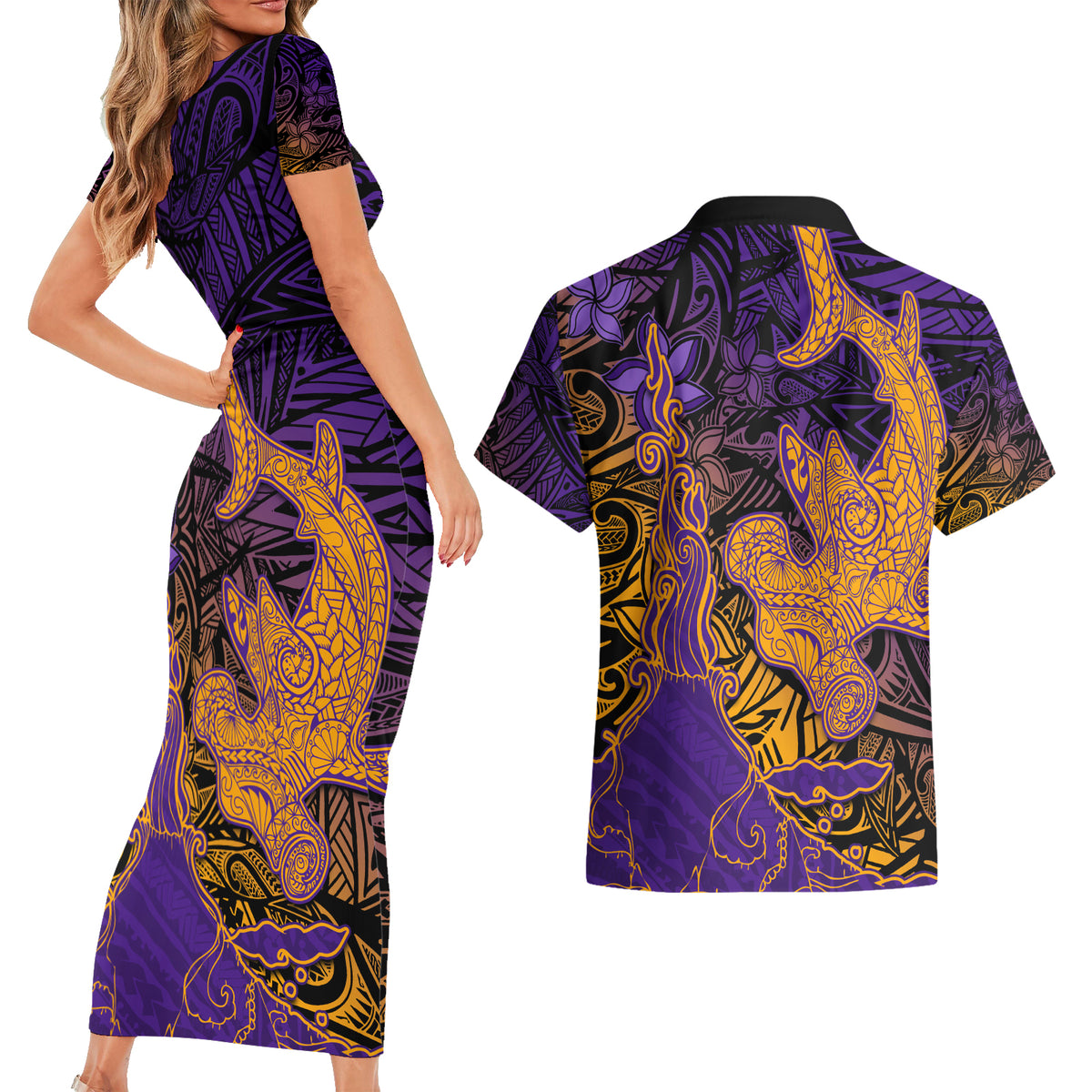 Hawaiian Volcano and Shark Couples Matching Short Sleeve Bodycon Dress and Hawaiian Shirt Polynesian and Hibiscus Pattern Purple Yellow Gradient LT03 - Polynesian Pride