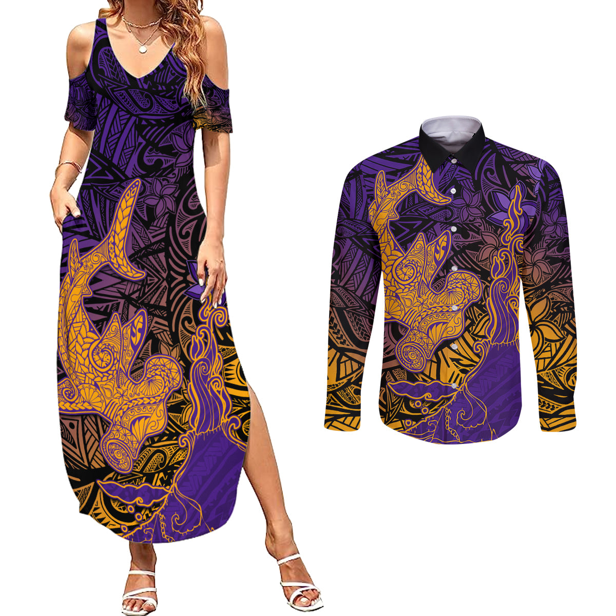 Hawaiian Volcano and Shark Couples Matching Summer Maxi Dress and Long Sleeve Button Shirt Polynesian and Hibiscus Pattern Purple Yellow Gradient