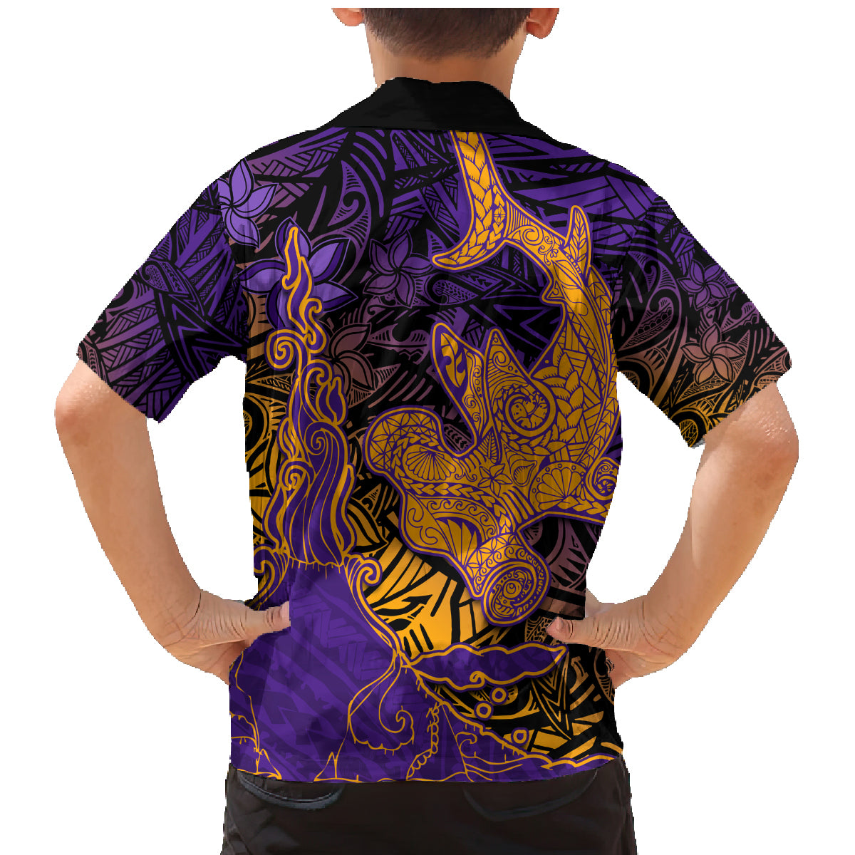 Hawaiian Volcano and Shark Family Matching Mermaid Dress and Hawaiian Shirt Polynesian and Hibiscus Pattern Purple Yellow Gradient LT03 - Polynesian Pride