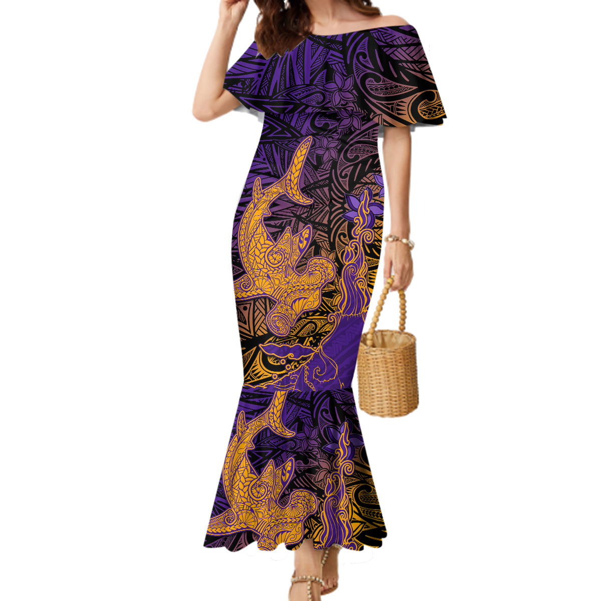 Hawaiian Volcano and Shark Family Matching Mermaid Dress and Hawaiian Shirt Polynesian and Hibiscus Pattern Purple Yellow Gradient LT03 Mom's Dress Purple - Polynesian Pride