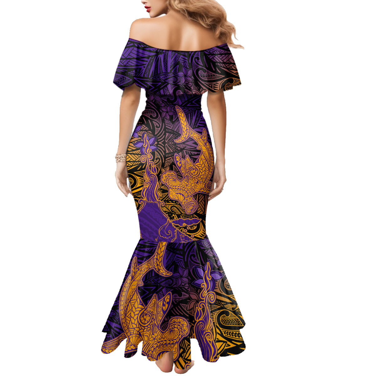 Hawaiian Volcano and Shark Family Matching Mermaid Dress and Hawaiian Shirt Polynesian and Hibiscus Pattern Purple Yellow Gradient LT03 - Polynesian Pride