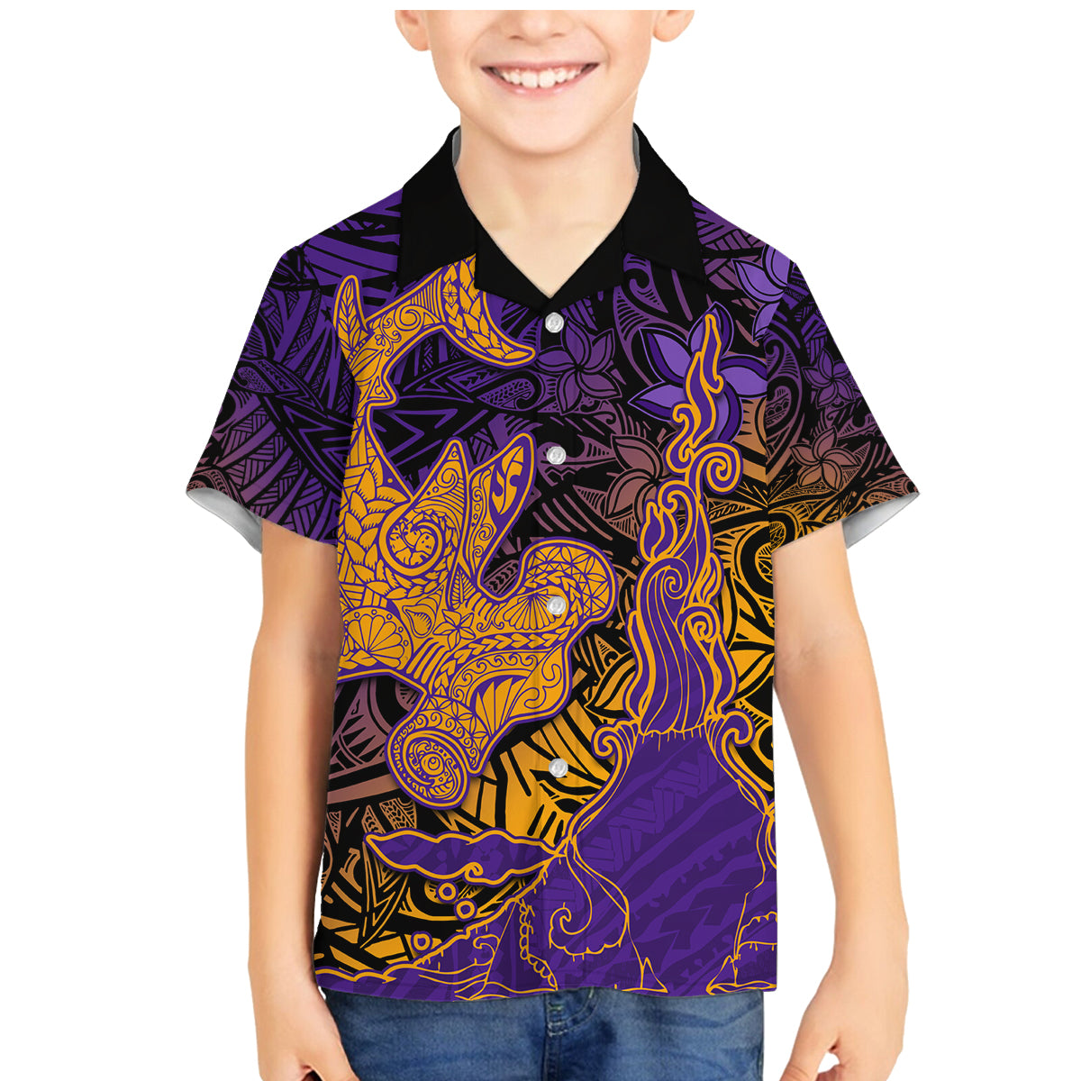 Hawaiian Volcano and Shark Family Matching Mermaid Dress and Hawaiian Shirt Polynesian and Hibiscus Pattern Purple Yellow Gradient LT03 Son's Shirt Purple - Polynesian Pride