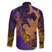 Hawaiian Volcano and Shark Family Matching Off The Shoulder Long Sleeve Dress and Hawaiian Shirt Polynesian and Hibiscus Pattern Purple Yellow Gradient