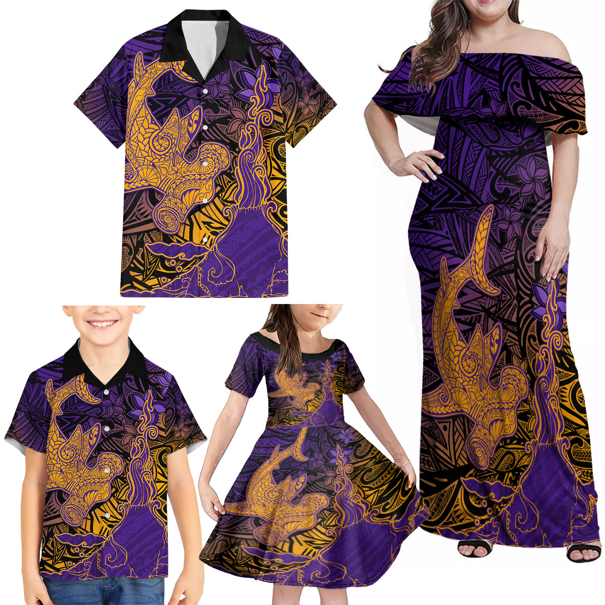 Hawaiian Volcano and Shark Family Matching Off Shoulder Maxi Dress and Hawaiian Shirt Polynesian and Hibiscus Pattern Purple Yellow Gradient LT03 - Polynesian Pride