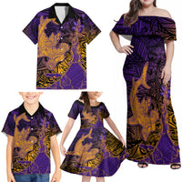 Hawaiian Volcano and Shark Family Matching Off Shoulder Maxi Dress and Hawaiian Shirt Polynesian and Hibiscus Pattern Purple Yellow Gradient LT03 - Polynesian Pride