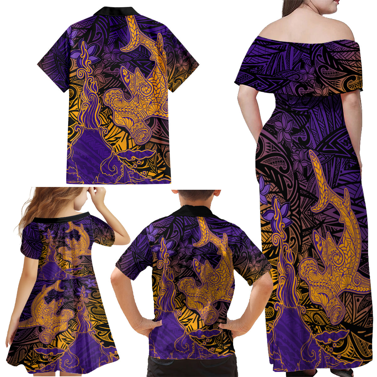 Hawaiian Volcano and Shark Family Matching Off Shoulder Maxi Dress and Hawaiian Shirt Polynesian and Hibiscus Pattern Purple Yellow Gradient LT03 - Polynesian Pride