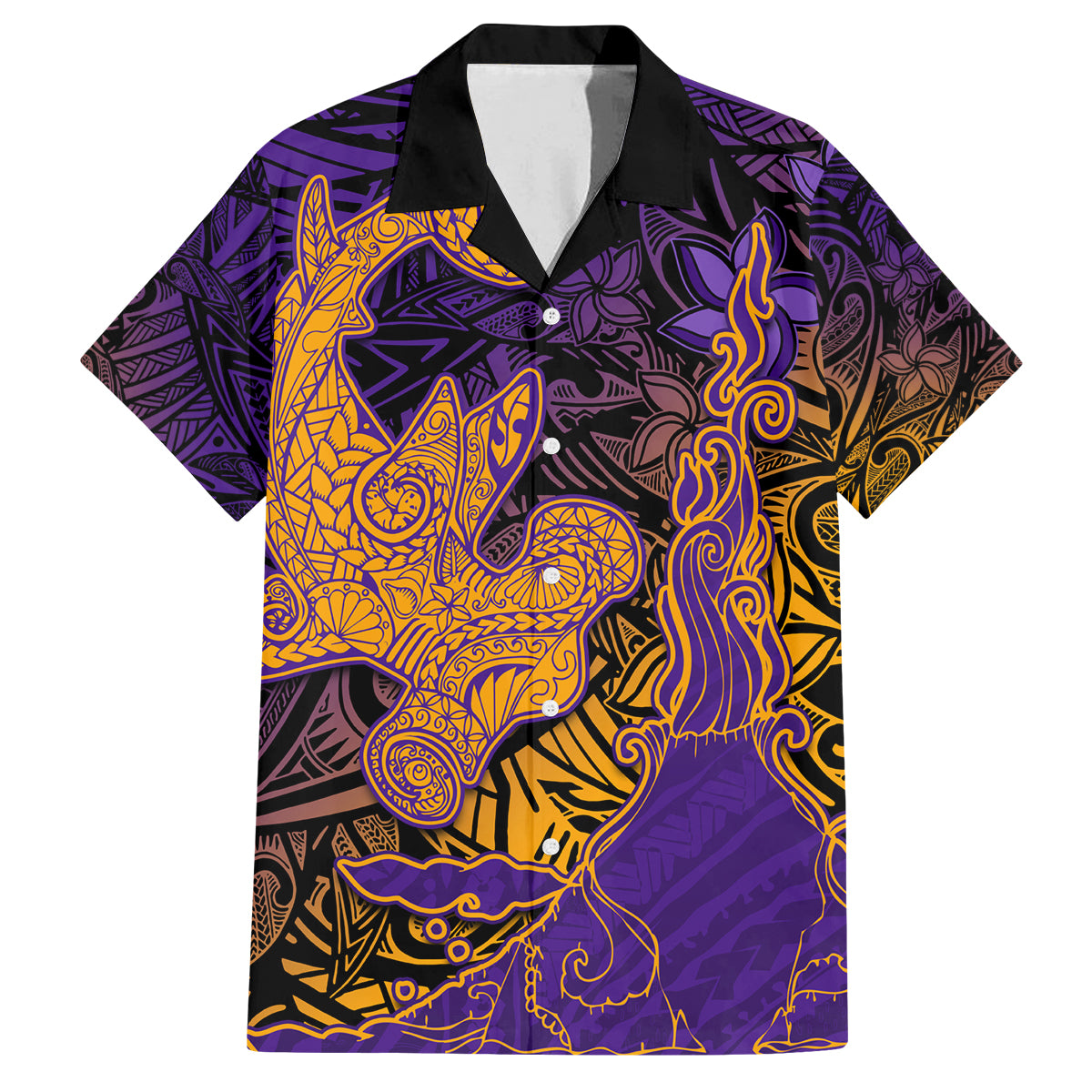 Hawaiian Volcano and Shark Family Matching Off Shoulder Maxi Dress and Hawaiian Shirt Polynesian and Hibiscus Pattern Purple Yellow Gradient LT03 Dad's Shirt - Short Sleeve Purple - Polynesian Pride