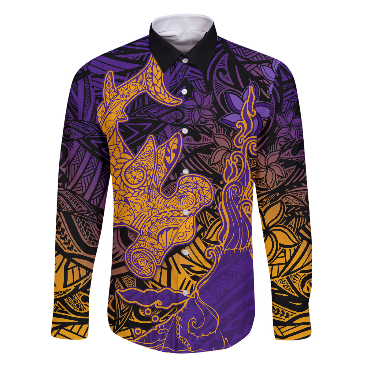 Hawaiian Volcano and Shark Family Matching Off Shoulder Maxi Dress and Hawaiian Shirt Polynesian and Hibiscus Pattern Purple Yellow Gradient LT03 Dad's Shirt - Long Sleeve Purple - Polynesian Pride