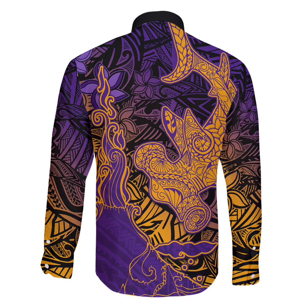 Hawaiian Volcano and Shark Family Matching Off Shoulder Maxi Dress and Hawaiian Shirt Polynesian and Hibiscus Pattern Purple Yellow Gradient LT03 - Polynesian Pride