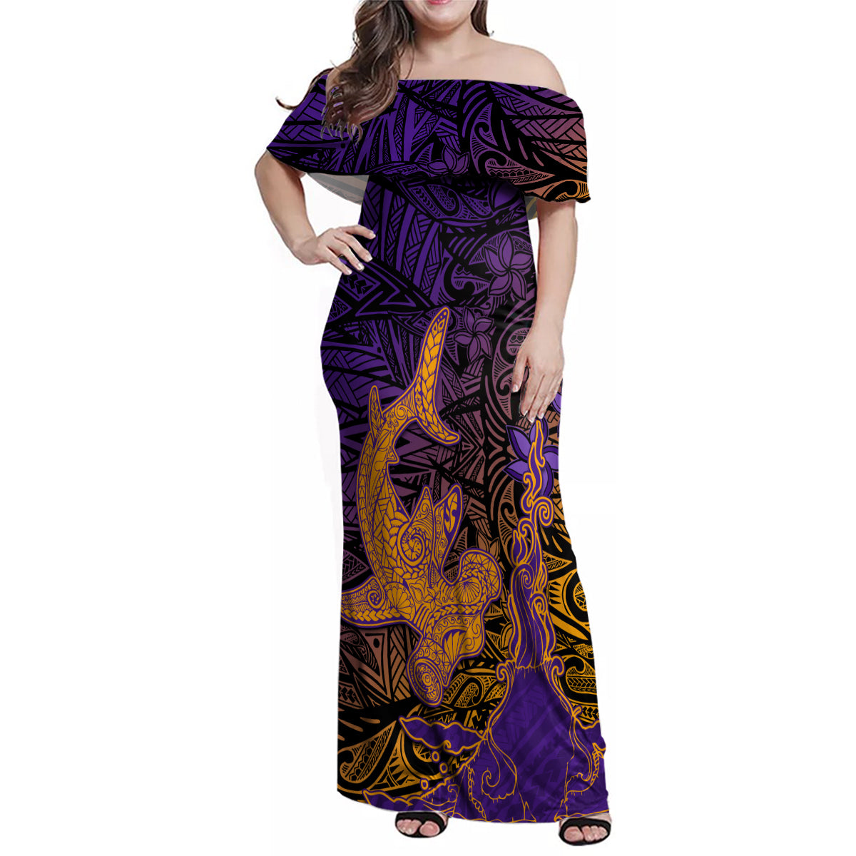Hawaiian Volcano and Shark Family Matching Off Shoulder Maxi Dress and Hawaiian Shirt Polynesian and Hibiscus Pattern Purple Yellow Gradient LT03 Mom's Dress Purple - Polynesian Pride