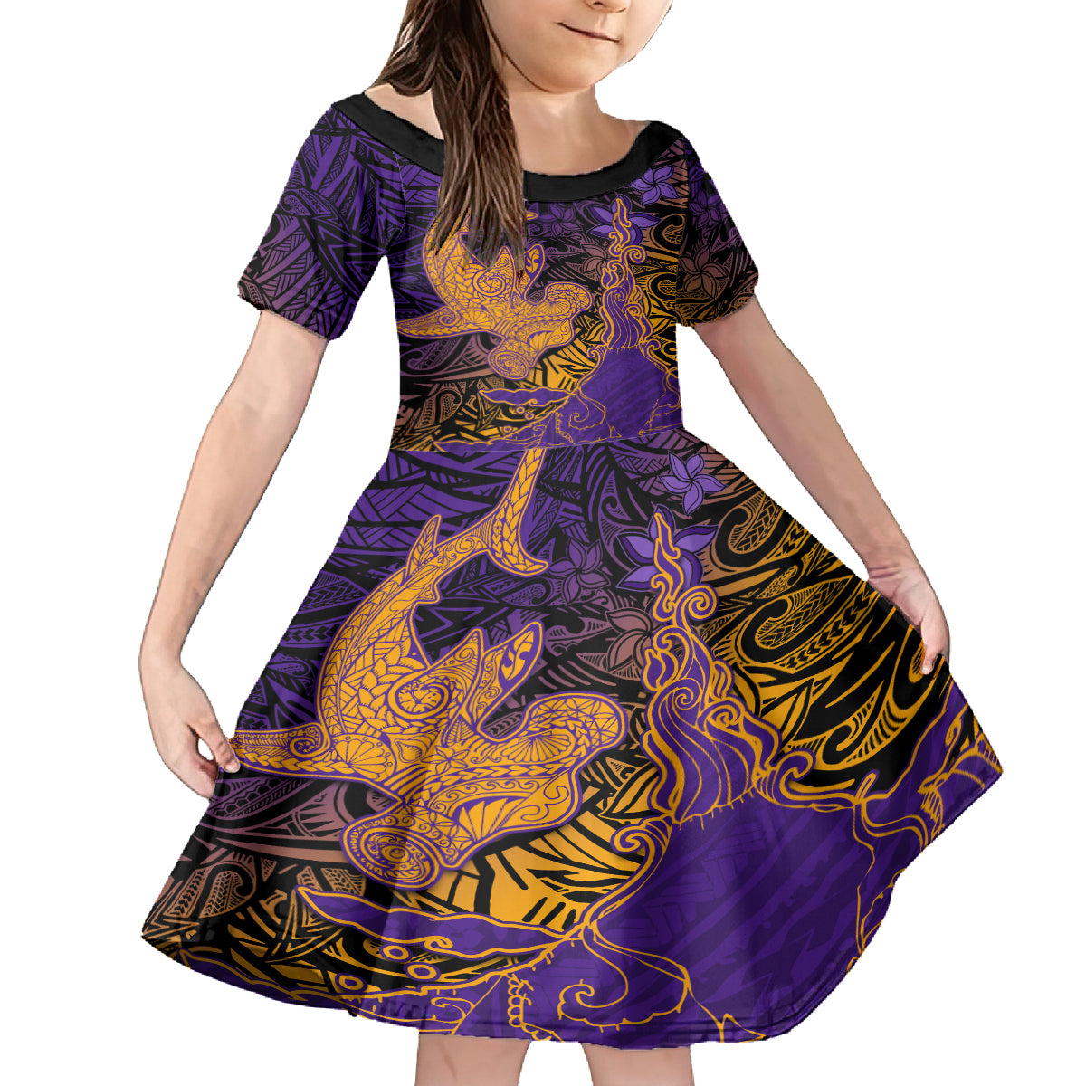 Hawaiian Volcano and Shark Family Matching Puletasi and Hawaiian Shirt Polynesian and Hibiscus Pattern Purple Yellow Gradient LT03 Daughter's Dress Purple - Polynesian Pride
