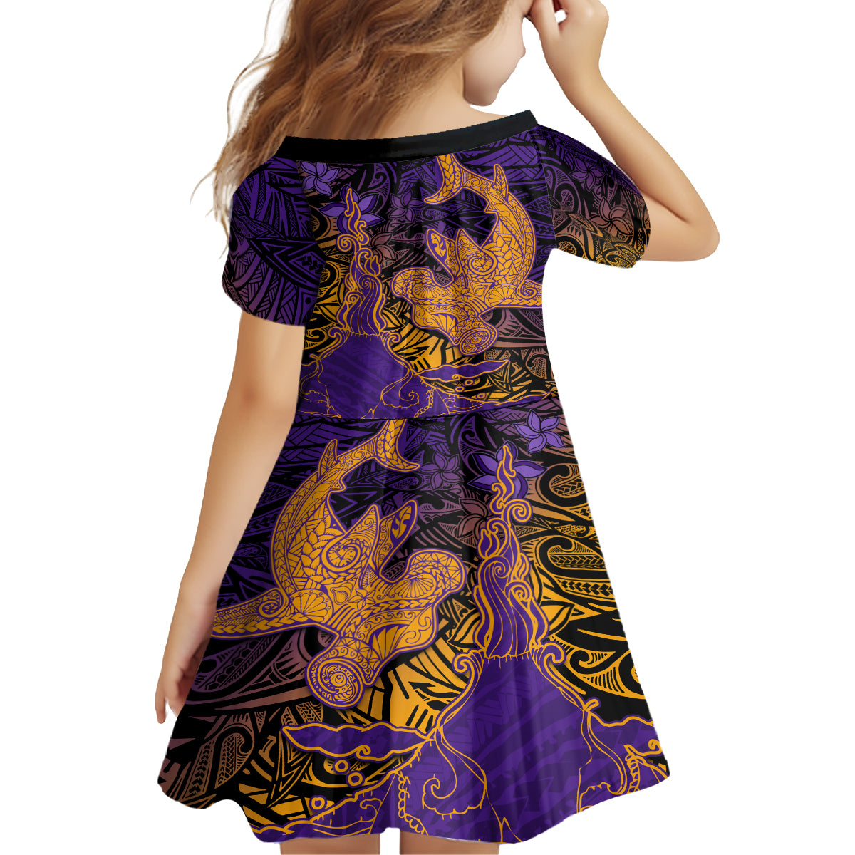 Hawaiian Volcano and Shark Family Matching Puletasi and Hawaiian Shirt Polynesian and Hibiscus Pattern Purple Yellow Gradient LT03 - Polynesian Pride