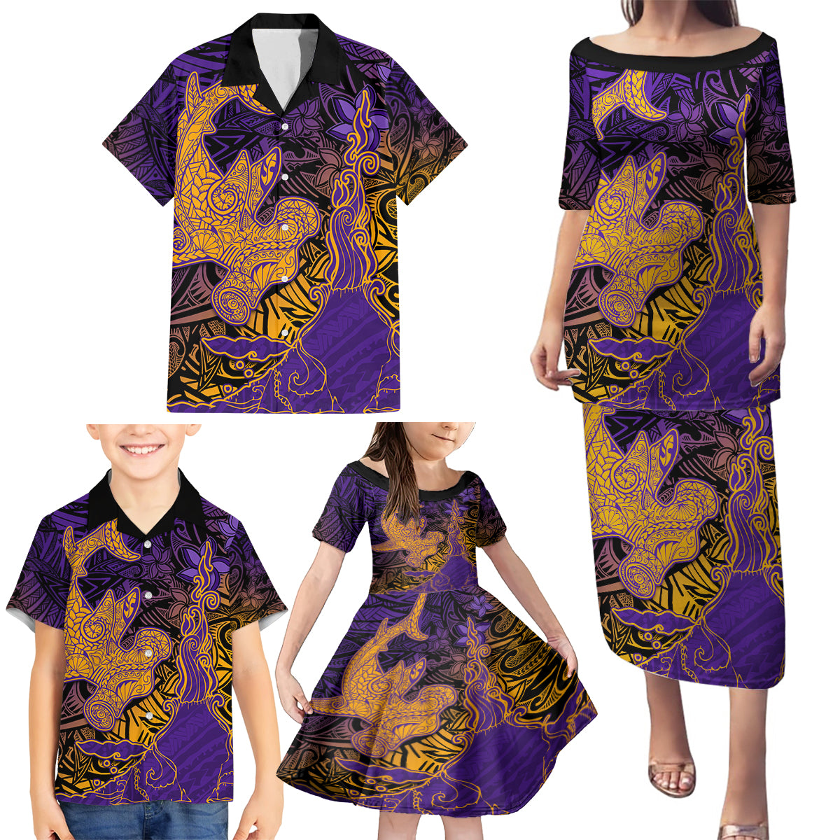 Hawaiian Volcano and Shark Family Matching Puletasi and Hawaiian Shirt Polynesian and Hibiscus Pattern Purple Yellow Gradient LT03 - Polynesian Pride