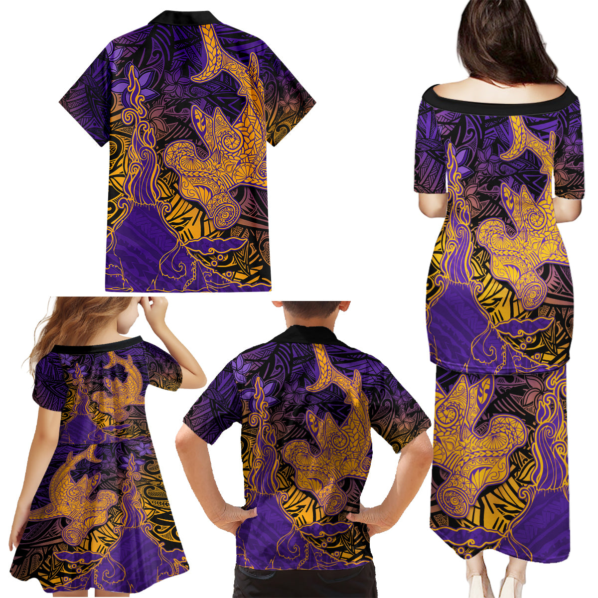 Hawaiian Volcano and Shark Family Matching Puletasi and Hawaiian Shirt Polynesian and Hibiscus Pattern Purple Yellow Gradient LT03 - Polynesian Pride