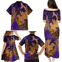 Hawaiian Volcano and Shark Family Matching Puletasi and Hawaiian Shirt Polynesian and Hibiscus Pattern Purple Yellow Gradient LT03 - Polynesian Pride