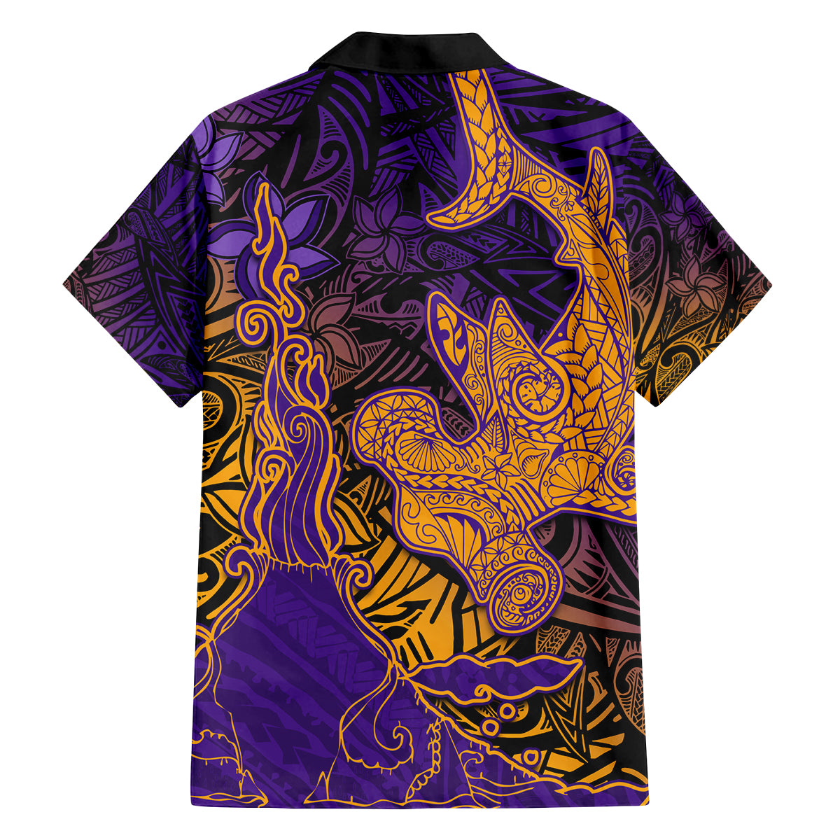 Hawaiian Volcano and Shark Family Matching Puletasi and Hawaiian Shirt Polynesian and Hibiscus Pattern Purple Yellow Gradient LT03 - Polynesian Pride