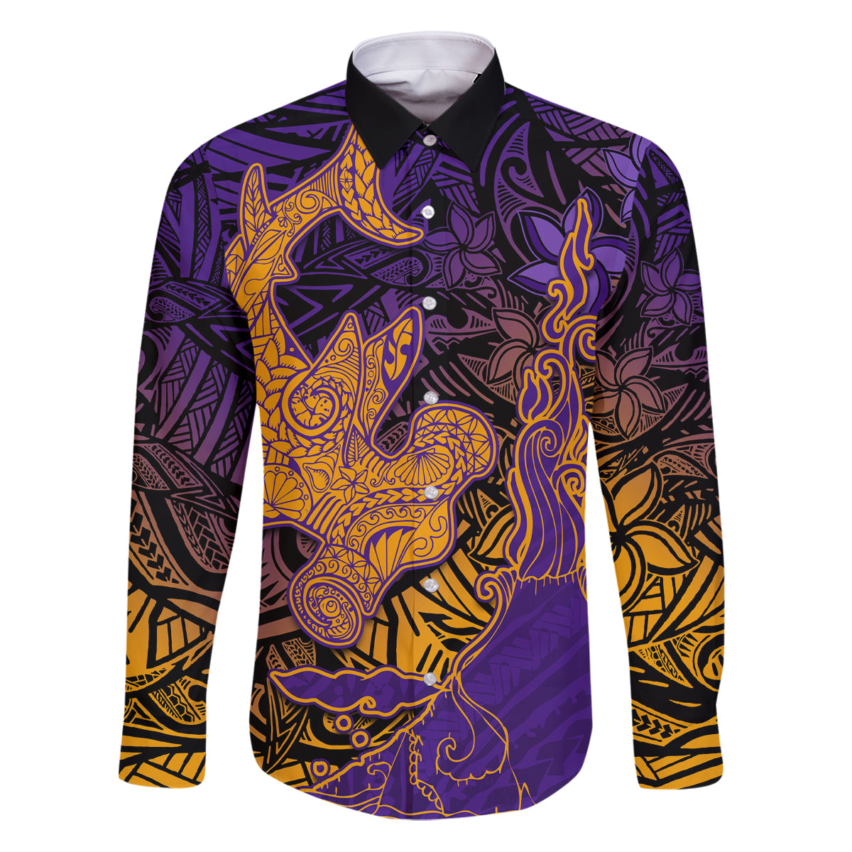 Hawaiian Volcano and Shark Family Matching Puletasi and Hawaiian Shirt Polynesian and Hibiscus Pattern Purple Yellow Gradient LT03 Dad's Shirt - Long Sleeve Purple - Polynesian Pride