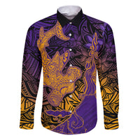 Hawaiian Volcano and Shark Family Matching Puletasi and Hawaiian Shirt Polynesian and Hibiscus Pattern Purple Yellow Gradient LT03 Dad's Shirt - Long Sleeve Purple - Polynesian Pride