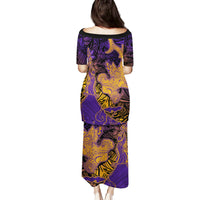 Hawaiian Volcano and Shark Family Matching Puletasi and Hawaiian Shirt Polynesian and Hibiscus Pattern Purple Yellow Gradient LT03 - Polynesian Pride