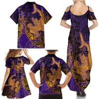 Hawaiian Volcano and Shark Family Matching Summer Maxi Dress and Hawaiian Shirt Polynesian and Hibiscus Pattern Purple Yellow Gradient