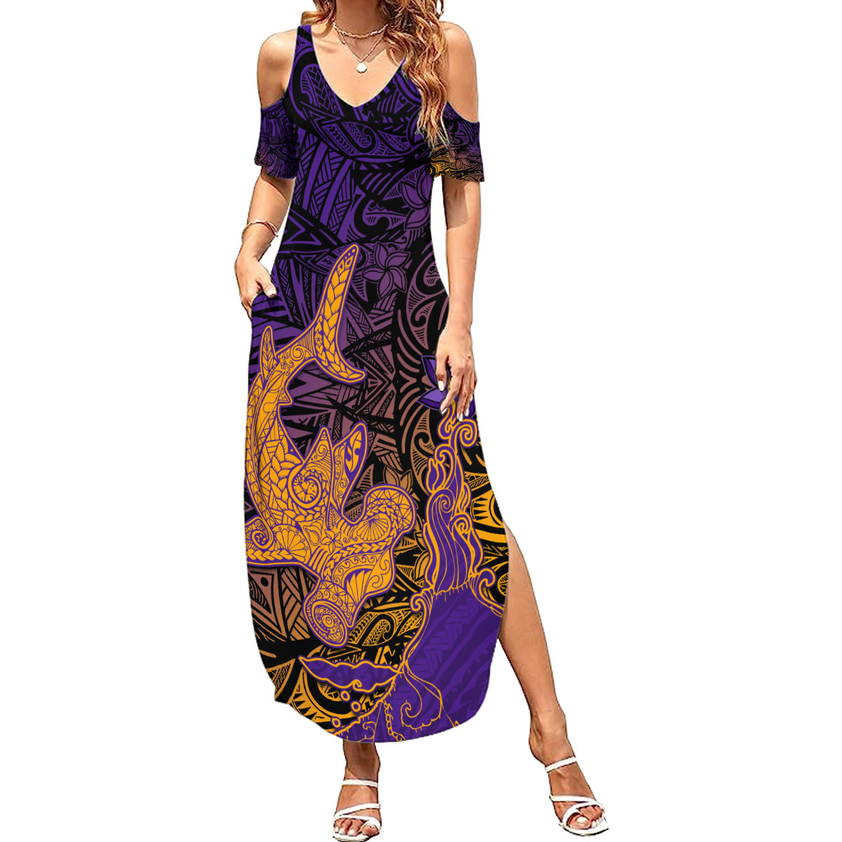 Hawaiian Volcano and Shark Family Matching Summer Maxi Dress and Hawaiian Shirt Polynesian and Hibiscus Pattern Purple Yellow Gradient