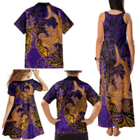 Hawaiian Volcano and Shark Family Matching Tank Maxi Dress and Hawaiian Shirt Polynesian and Hibiscus Pattern Purple Yellow Gradient