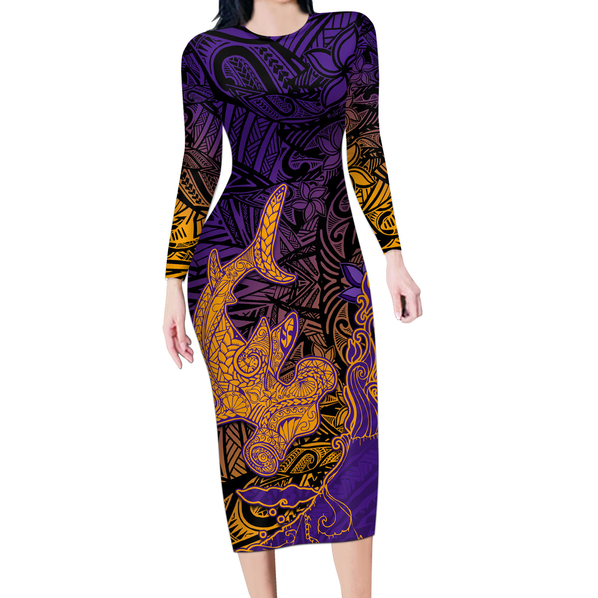 Hawaiian Volcano and Shark Long Sleeve Bodycon Dress Polynesian and Hibiscus Pattern Purple Yellow Gradient LT03 Long Dress Purple - Polynesian Pride