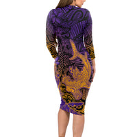 Hawaiian Volcano and Shark Long Sleeve Bodycon Dress Polynesian and Hibiscus Pattern Purple Yellow Gradient LT03 - Polynesian Pride