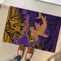 Hawaiian Volcano and Shark Rubber Doormat Polynesian and Hibiscus Pattern Purple Yellow Gradient