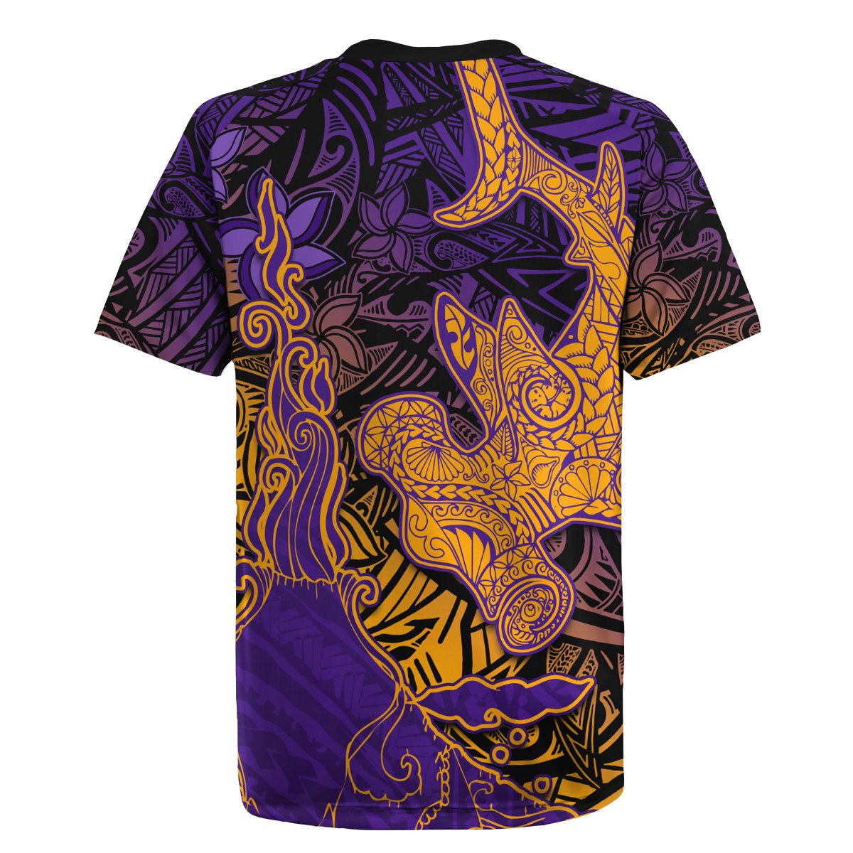 Hawaiian Volcano and Shark Rugby Jersey Polynesian and Hibiscus Pattern Purple Yellow Gradient LT03 - Polynesian Pride