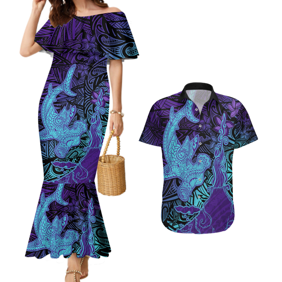 Hawaiian Volcano and Shark Couples Matching Mermaid Dress and Hawaiian Shirt Polynesian and Hibiscus Pattern Purple Cyan Gradient