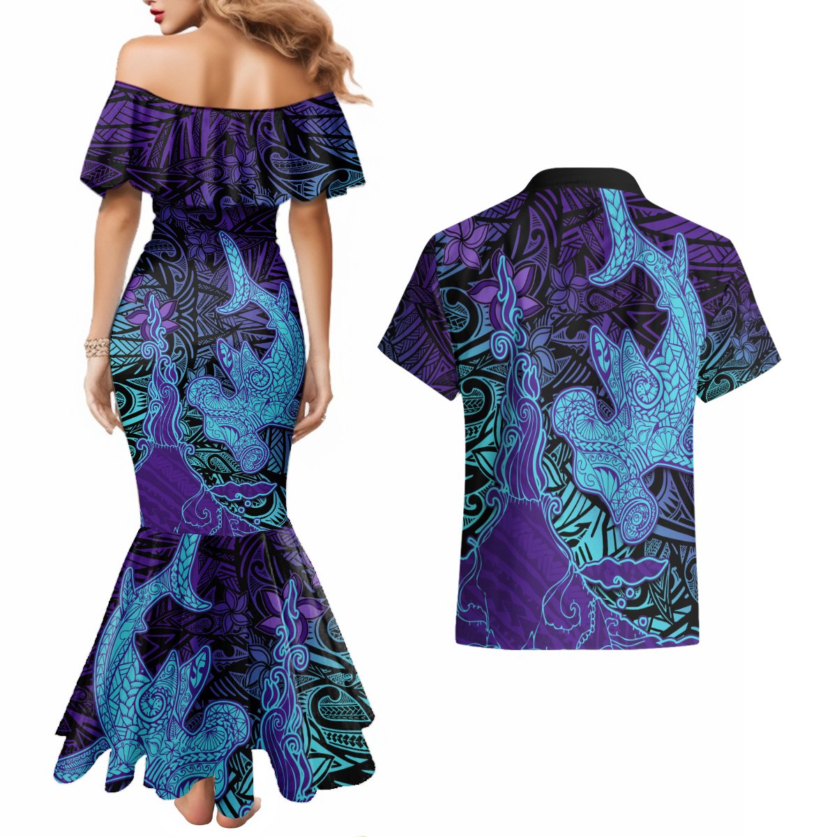 Hawaiian Volcano and Shark Couples Matching Mermaid Dress and Hawaiian Shirt Polynesian and Hibiscus Pattern Purple Cyan Gradient LT03 - Polynesian Pride