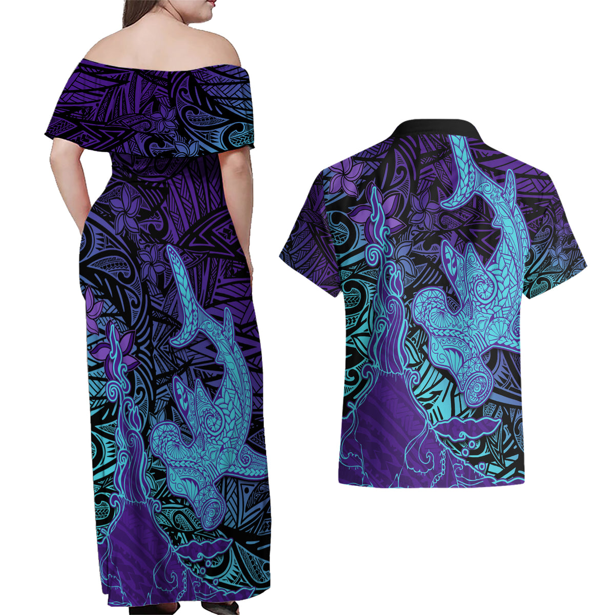 Hawaiian Volcano and Shark Couples Matching Off Shoulder Maxi Dress and Hawaiian Shirt Polynesian and Hibiscus Pattern Purple Cyan Gradient LT03 - Polynesian Pride