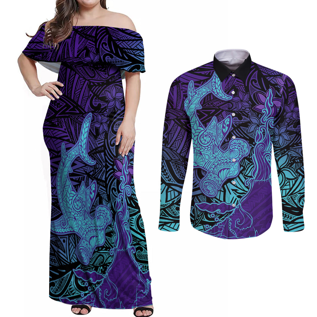 Hawaiian Volcano and Shark Couples Matching Off Shoulder Maxi Dress and Long Sleeve Button Shirt Polynesian and Hibiscus Pattern Purple Cyan Gradient