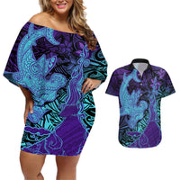 Hawaiian Volcano and Shark Couples Matching Off Shoulder Short Dress and Hawaiian Shirt Polynesian and Hibiscus Pattern Purple Cyan Gradient