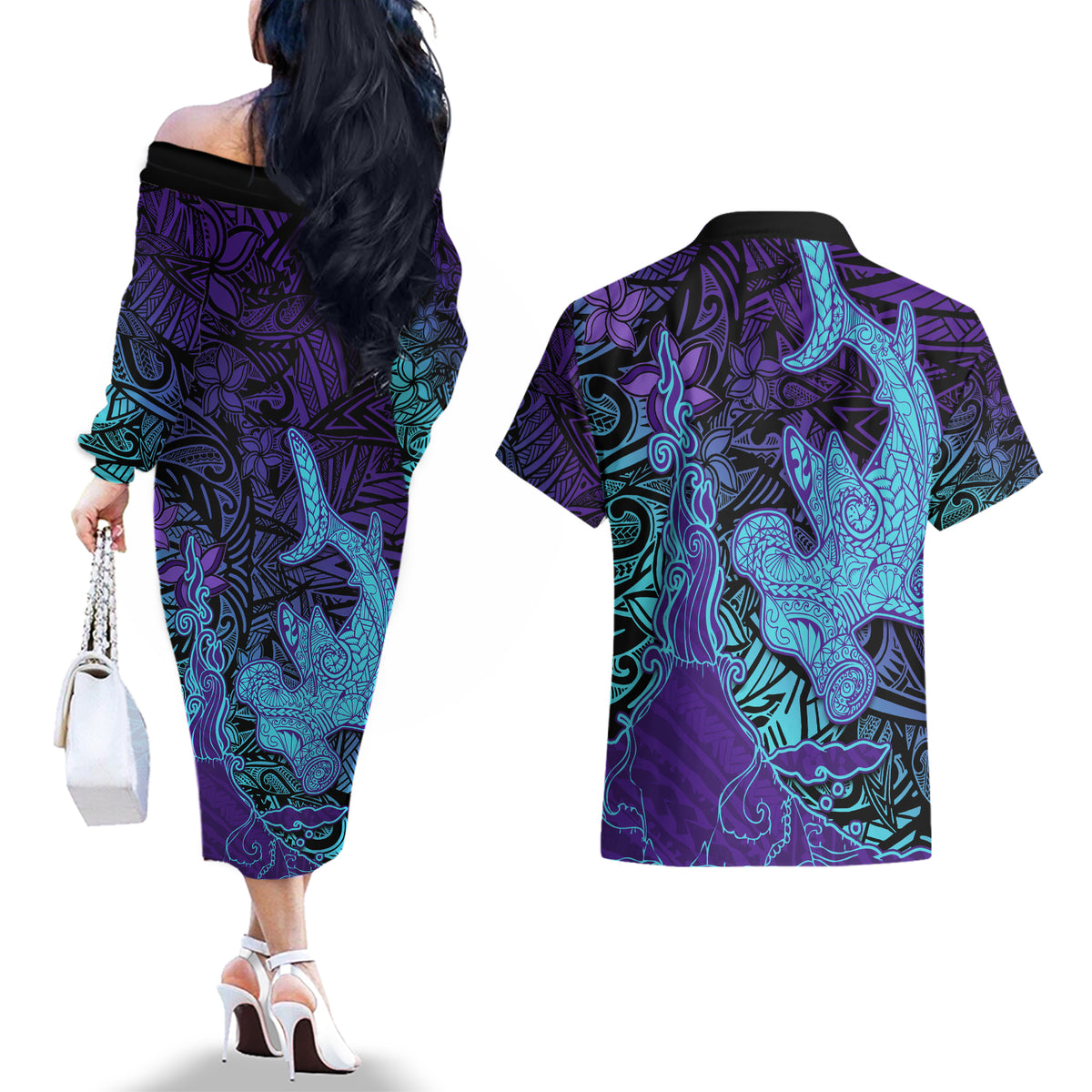 Hawaiian Volcano and Shark Couples Matching Off The Shoulder Long Sleeve Dress and Hawaiian Shirt Polynesian and Hibiscus Pattern Purple Cyan Gradient