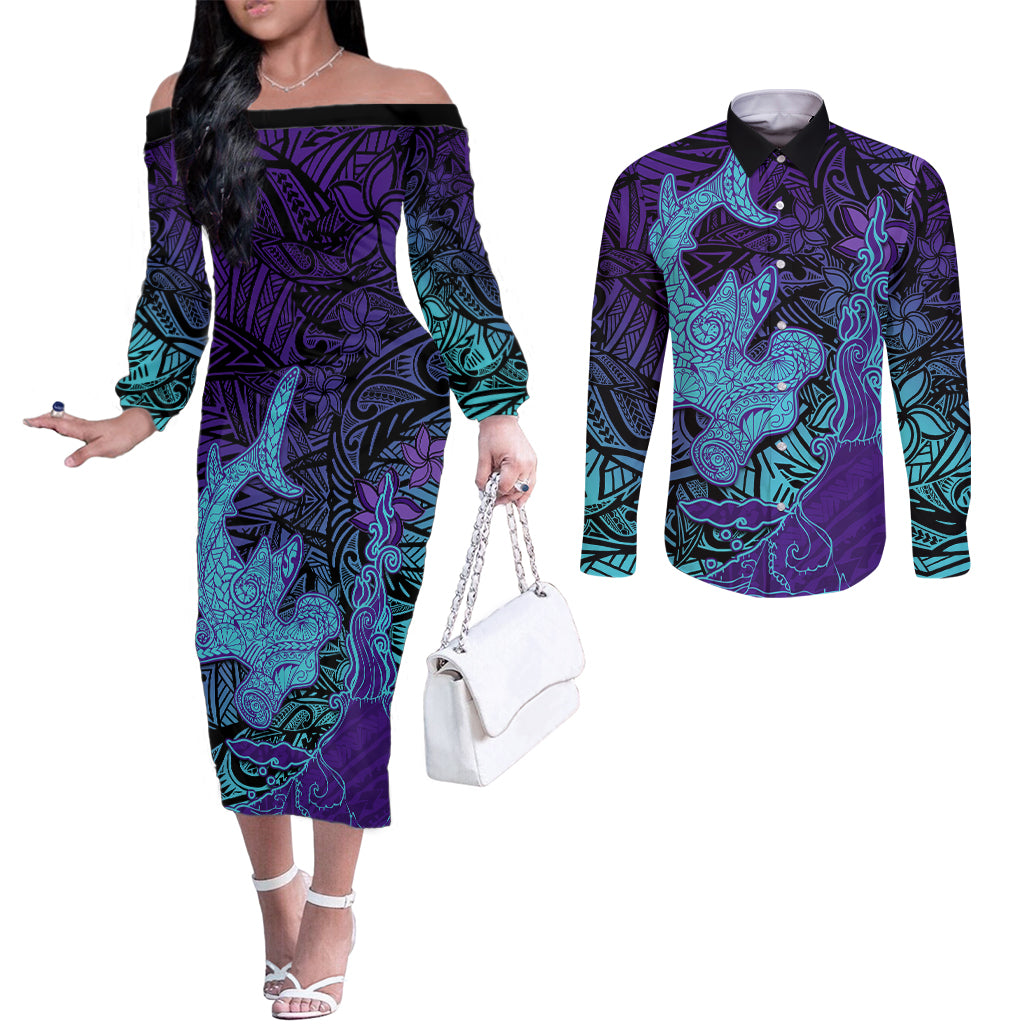 Hawaiian Volcano and Shark Couples Matching Off The Shoulder Long Sleeve Dress and Long Sleeve Button Shirt Polynesian and Hibiscus Pattern Purple Cyan Gradient